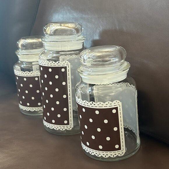 Vintage Anchor Hocking Glass Jars Containers Polka Dots & Lace Set of 3 - Picture 13 of 14